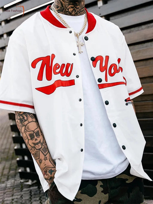 Men's Oversized Hip Hop Graphic Print Shirt - Y2K Streetwear with Stand Collar and Button Detail