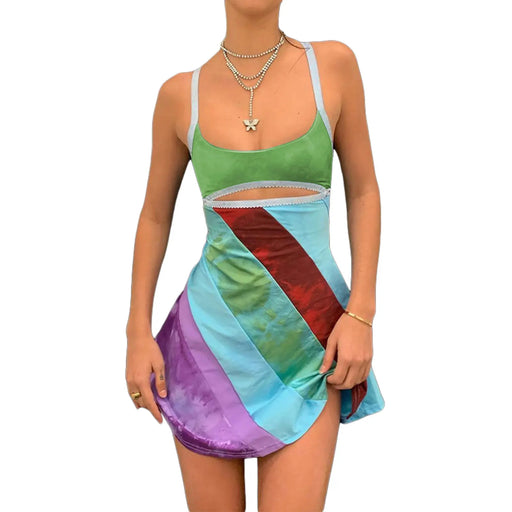 Women's Sexy Bodycon Print Semi-Sheer Sheath Mini Dress Sleeveless Backless E-Girl Party Streetwear