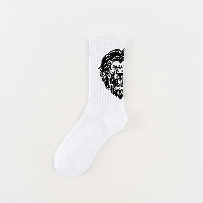 Men's Socks Cotton Animal Print College Style Cartoon Black White Panda Lion Eagle Tiger Wolf Sports Short Socks Hip Hop Man Sox