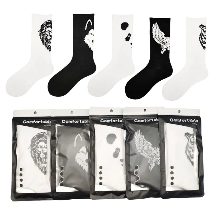 Men's Socks Cotton Animal Print College Style Cartoon Black White Panda Lion Eagle Tiger Wolf Sports Short Socks Hip Hop Man Sox