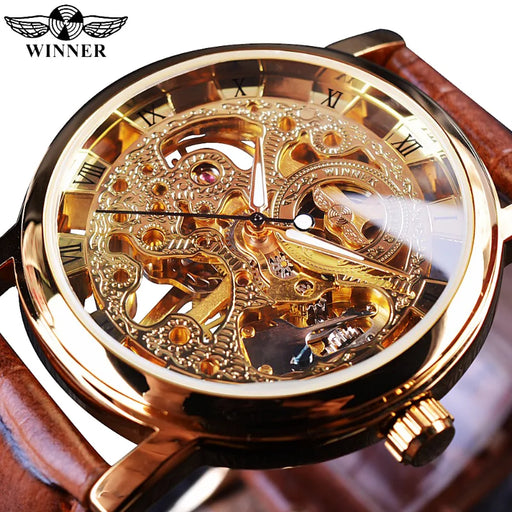 Winner Men Watches Men Gold Skeleton Watches Brown Leather Strap Mechanical Hand Wind Wristwatches