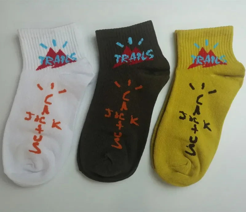 3 Pairs Men's Sports Style Street Skateboards  Crew Cactus Jack Hip Hop Harajuku Basketball Socks Women