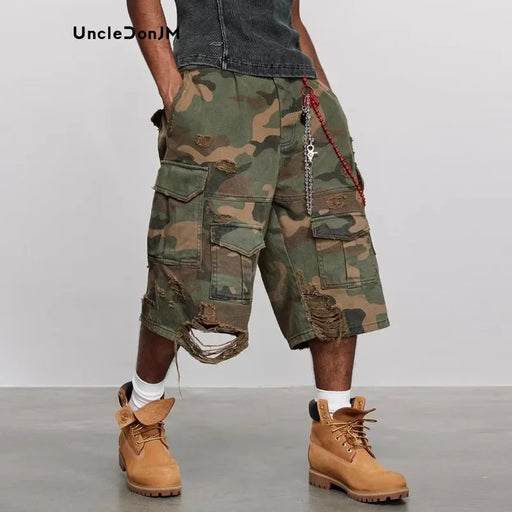 Destroy Camouflage Grinding Washed Cropped Pants Ripped Shorts Loose Wide-leg Shorts