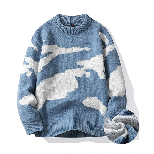 PF Unisex Casual Sweater Cloud Pattern Cute Couple Sweaters Round Neck Long Sleeve Knitted Sweater Harajuku Pullover