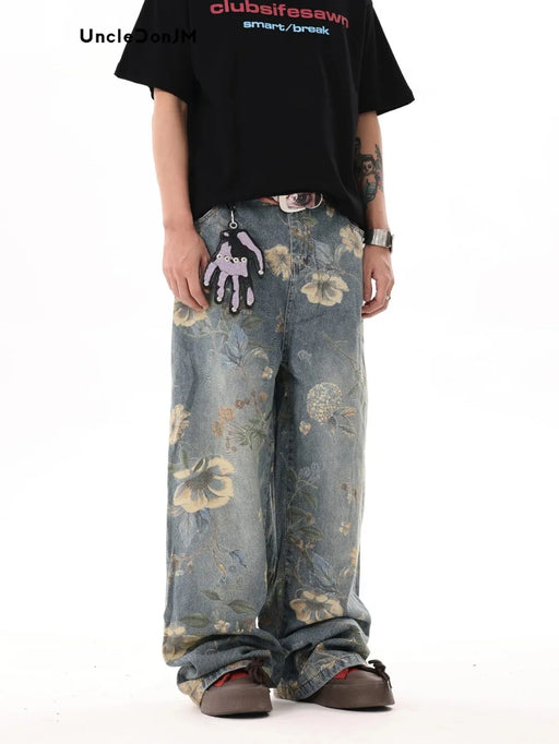 Floral Print Jeans Y2k Men’s Jeans Streetwear Pants for Unisex