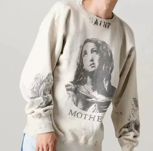 24ss Oversized Saint Michael Washed Sweatshirt Men Women 1:1 Best Quality Graffiti Print Destroy Hoodies