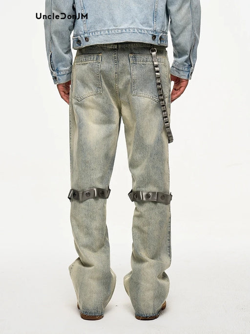 Removable Leather Chain Strap Yellow Washed Old Casual Burr Trouser Chain Jeans Y2k Men’s Jeans