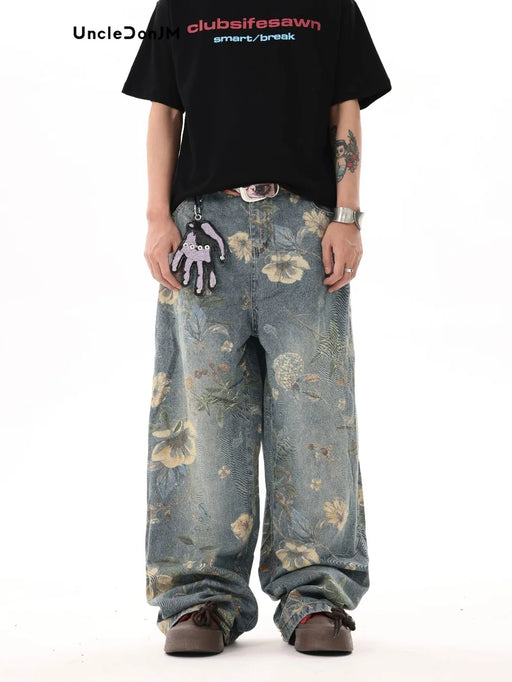 Floral Print Jeans Y2k Men’s Jeans Streetwear Pants for Unisex