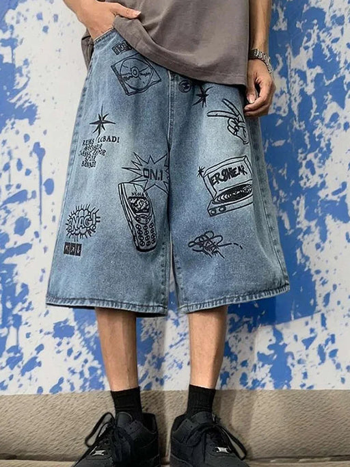 Embroidered Shorts Jeans Male Wide Leg Knee Length Retro Denim Pants Loose Graffiti Drawstring Pants