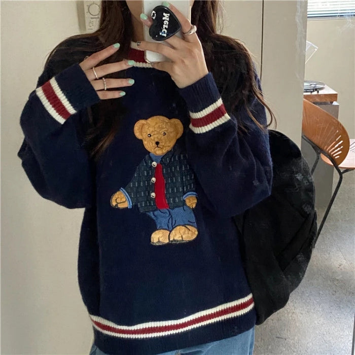 Knitwear Bear Pullovers Youthful Woman Autumn Winter Warm Loose Jerseys