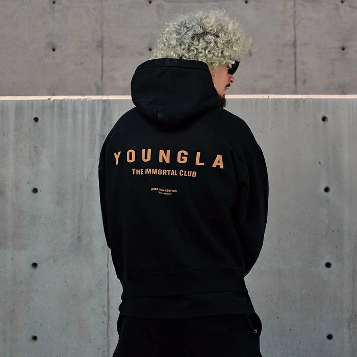 YOUNGLA American men's oversized hoodie double-layer composite fabric printed coat sports fitness sweatshirt