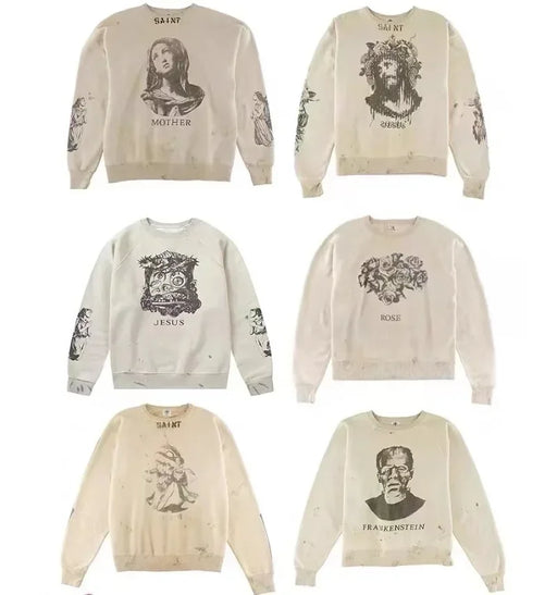 24ss Oversized Saint Michael Washed Sweatshirt Men Women 1:1 Best Quality Graffiti Print Destroy Hoodies