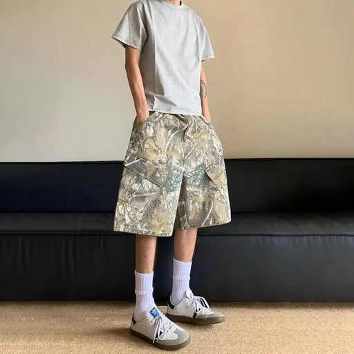 Tree Branch Camouflage Shorts Retro Personality Pocket Overalls Trendy Casual Straight Shorts