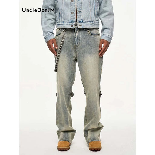 Removable Leather Chain Strap Yellow Washed Old Casual Burr Trouser Chain Jeans Y2k Men’s Jeans