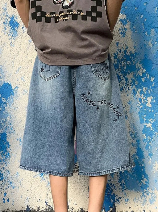 Embroidered Shorts Jeans Male Wide Leg Knee Length Retro Denim Pants Loose Graffiti Drawstring Pants