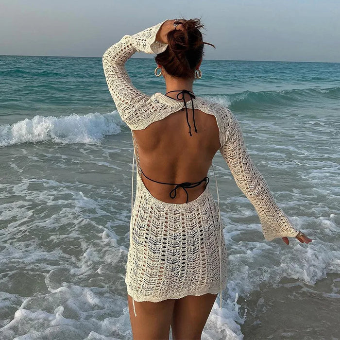 ProFashion Vintage Crochet Flower Hollow Out Dress Cover-Ups Chic Women Sexy Knit Backless Tie-up Mini Dress Summer Beach Holiday Bodycon