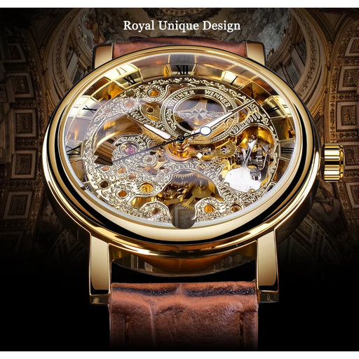 Winner Men Watches Men Gold Skeleton Watches Brown Leather Strap Mechanical Hand Wind Wristwatches