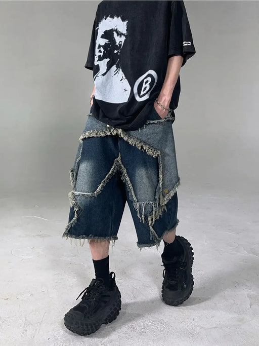 New High Street Retro Star Patch Tassel Men Denim Shorts Loose and Casual Hip Hop Street Couple Pants Sports sweatpants