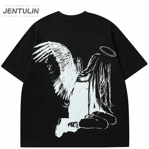 Men Tshirt Streetwear Japanese Harajuku Cartoon Angel Wings Graphic T-Shirt Summer 2024 HipHop T Shirt Anime Tops Tee Cotton Y2K