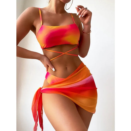 ProFashion Women's Tie Dyed Split Bikini Sexy Hip Lifting Mesh Gradient Beach Three Piece Set Cross Swimwear Girl