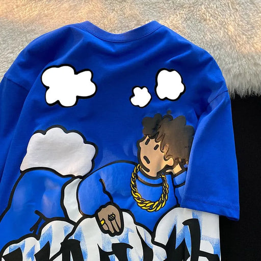 Profashion Clouds Anime Boy Print High Street T-Shirts Unisex Cool Hip Hop Oversized Loose Casual 100% Cotton Summer Tops