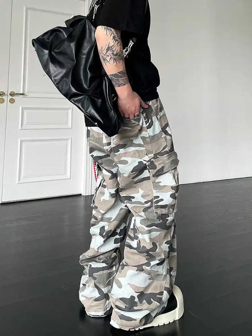 Retro Washed Camouflage Pocket Cargo Pants Men's Loose Straight Trousers Men Y2k Vintage Trousers