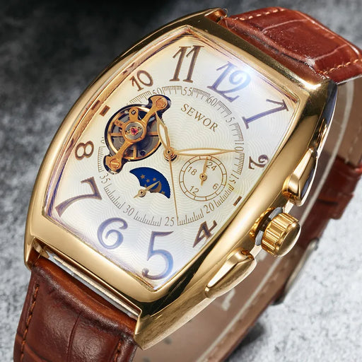 Luxury Automatic Mechanical Watches Men Moon Phase Skeleton Retro Self Winding Wristwatch