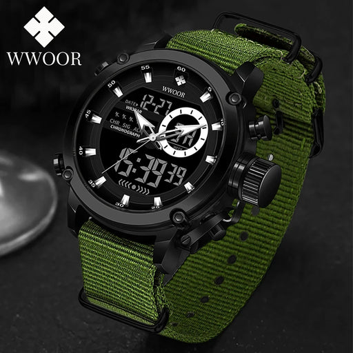 WWOOR New Fashion Military Sports Men's Nylon Watches Digital Quartz watch Waterproof Dual Display Clock Relogio Masculino