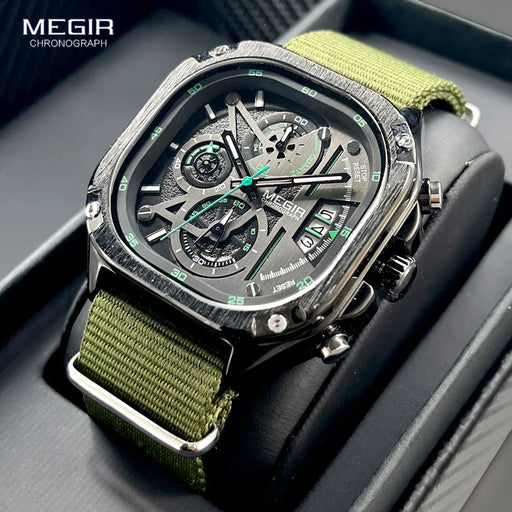 Men MEGIR Quartz Watch Waterproof Square Dial Wristwatch with Chronograph Stainless Strap & Auto Date